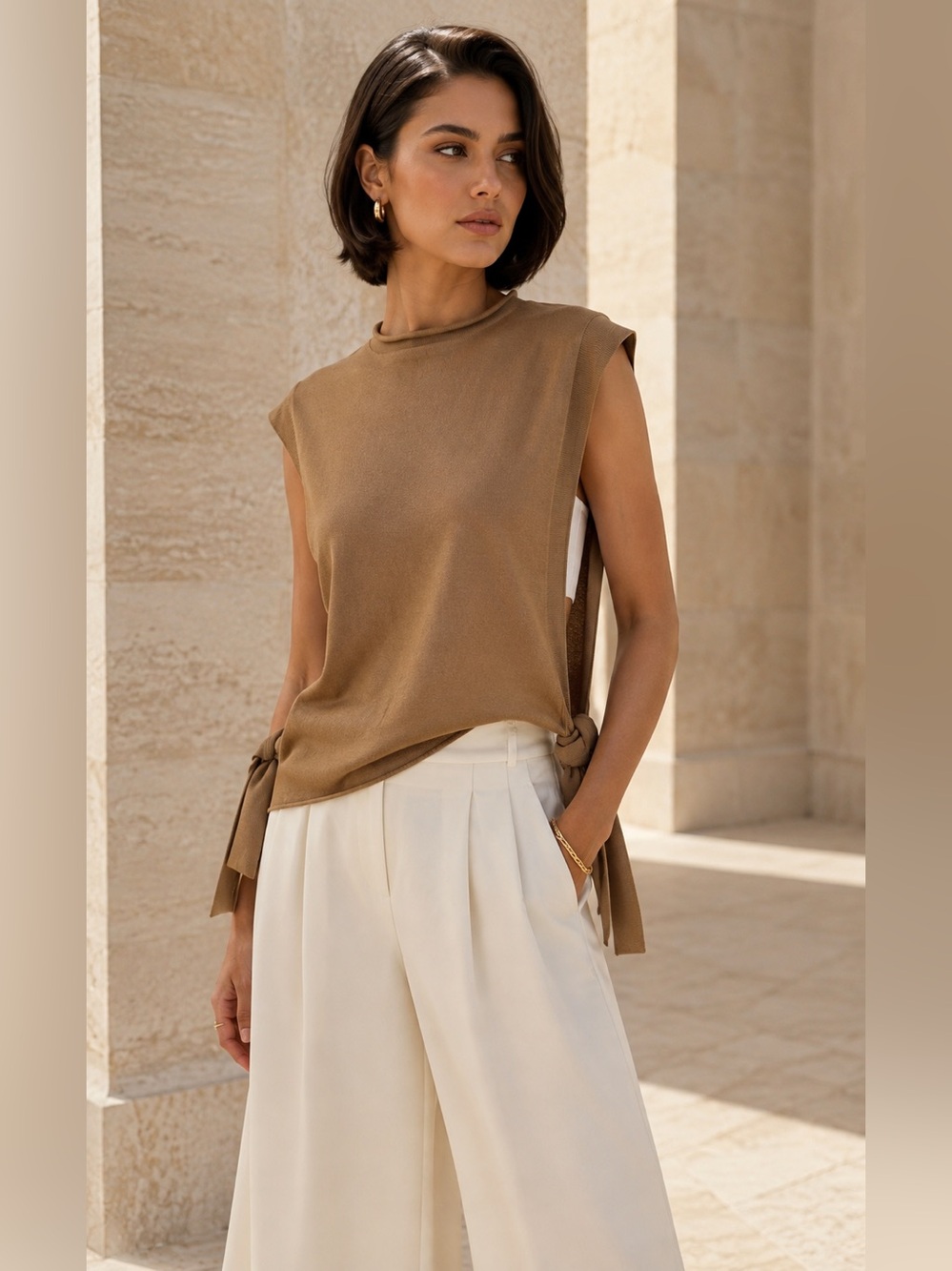 Ports 1961 100% Wool Camel Sleeveless Mock Neck Knit Side Tie Top Size M